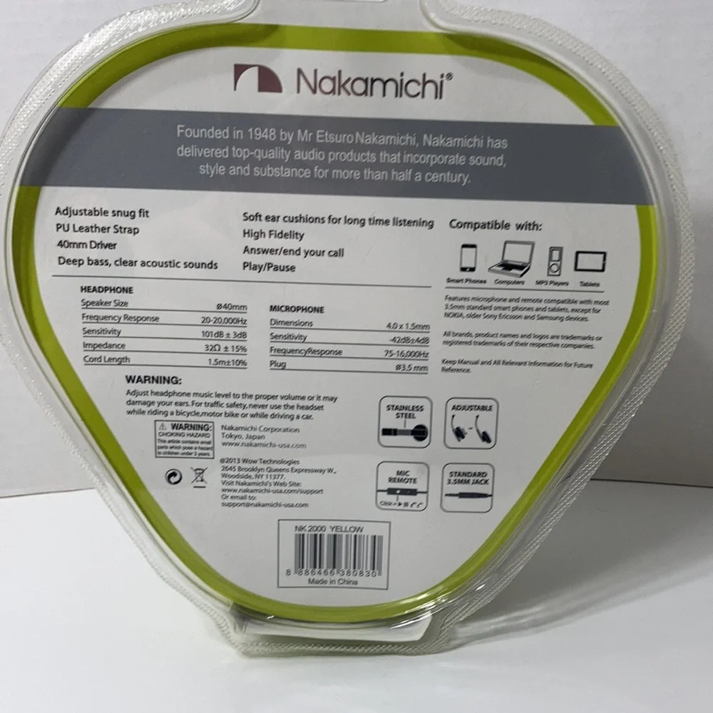 Nakamichi Amplified Stereo Headphones Wired Mic Remote Green Adjustable NWT - Picture 8 of 16